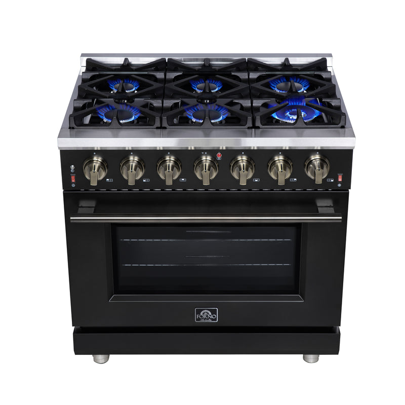 Forno Massimo 36" 5.36 cu. ft. Freestanding Gas Range with 6 Sealed Burners, Air Fryer Kit, Wok Support & Griddle in Black with Antique Brass Accents, FFSGS6239-36BLK