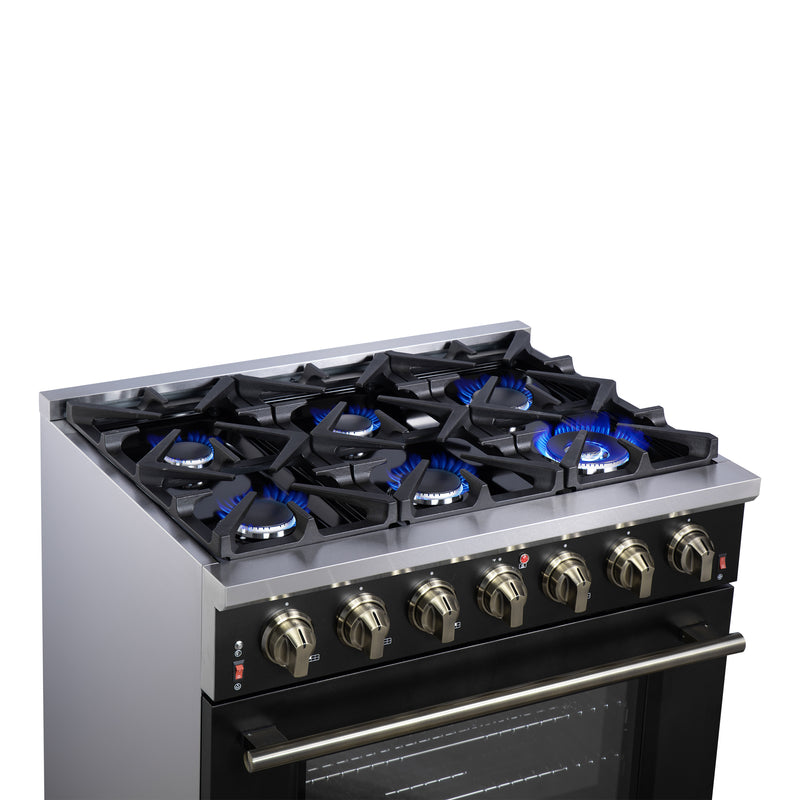Forno Massimo 36" 5.36 cu. ft. Freestanding Gas Range with 6 Sealed Burners, Air Fryer Kit, Wok Support & Griddle in Black with Antique Brass Accents, FFSGS6239-36BLK