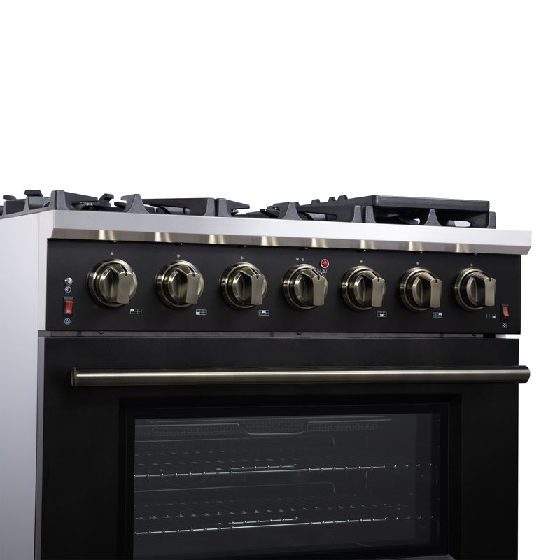 Forno Massimo 36" 5.36 cu. ft. Freestanding Gas Range with 6 Sealed Burners, Air Fryer Kit, Wok Support & Griddle in Black with Antique Brass Accents, FFSGS6239-36BLK