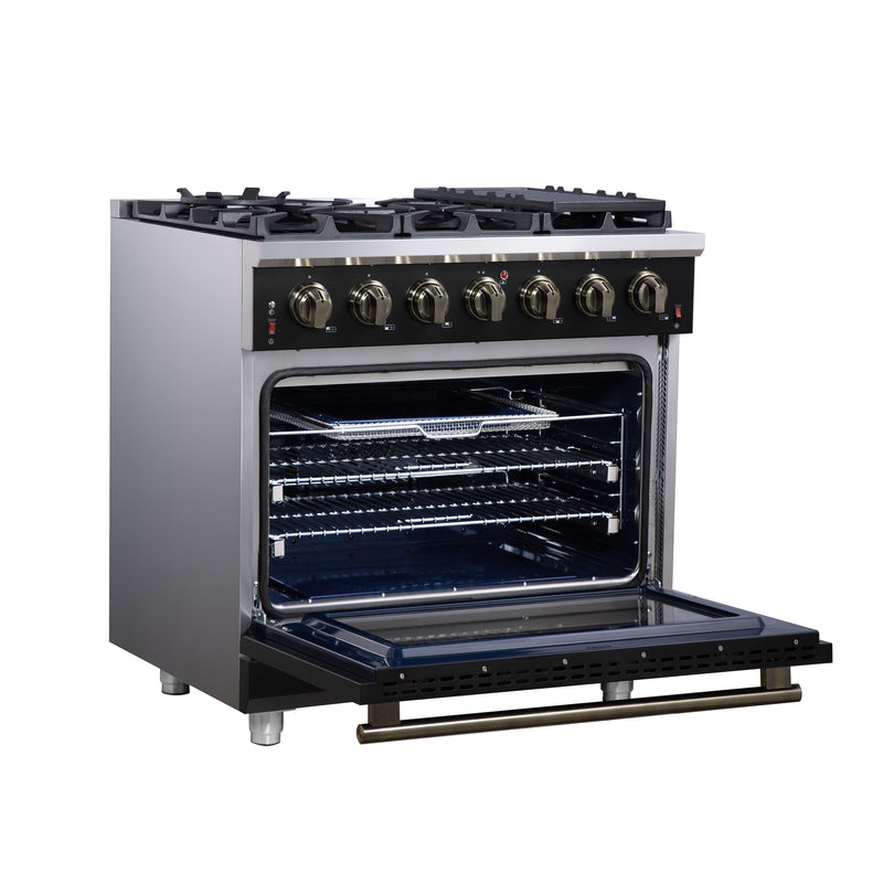 Forno Massimo 36" 5.36 cu. ft. Freestanding Gas Range with 6 Sealed Burners, Air Fryer Kit, Wok Support & Griddle in Black with Antique Brass Accents, FFSGS6239-36BLK