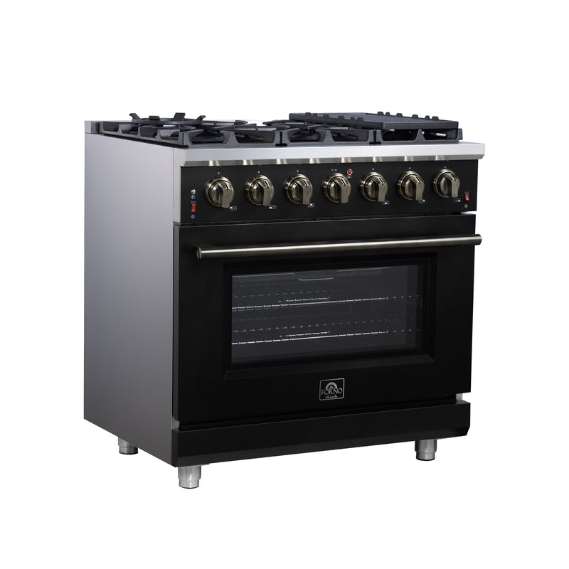 Forno Massimo 36" 5.36 cu. ft. Freestanding Gas Range with 6 Sealed Burners, Air Fryer Kit, Wok Support & Griddle in Black with Antique Brass Accents, FFSGS6239-36BLK