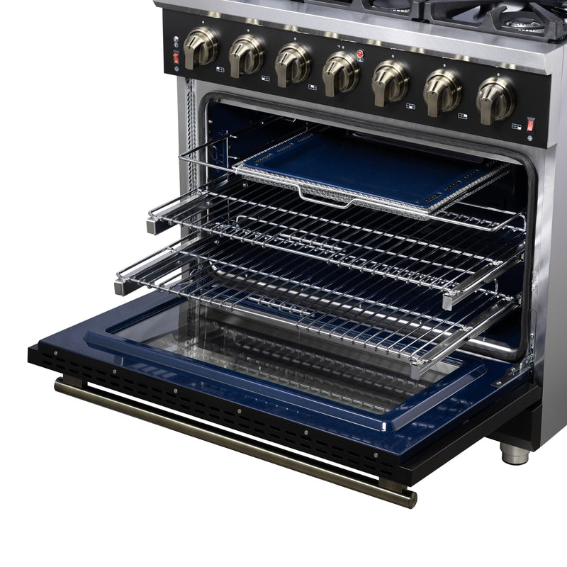 Forno Massimo 36" 5.36 cu. ft. Freestanding Gas Range with 6 Sealed Burners, Air Fryer Kit, Wok Support & Griddle in Black with Antique Brass Accents, FFSGS6239-36BLK