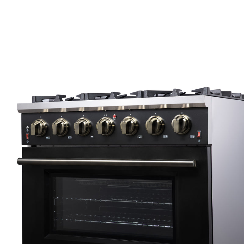 Forno Massimo 36" 5.36 cu. ft. Freestanding Gas Range with 6 Sealed Burners, Air Fryer Kit, Wok Support & Griddle in Black with Antique Brass Accents, FFSGS6239-36BLK