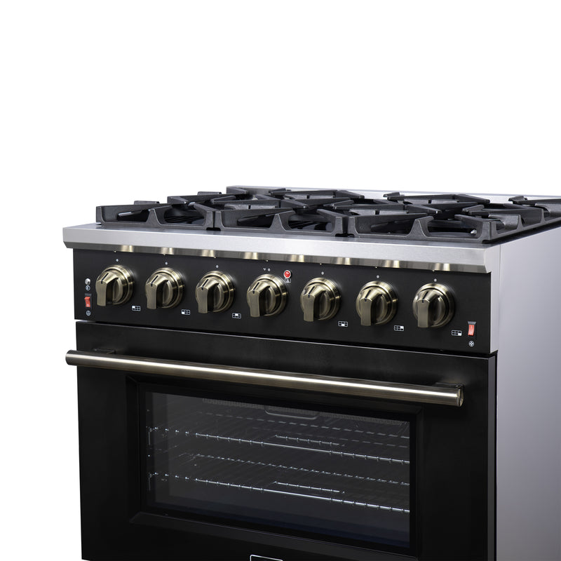 Forno Massimo 36" 5.36 cu. ft. Freestanding Gas Range with 6 Sealed Burners, Air Fryer Kit, Wok Support & Griddle in Black with Antique Brass Accents, FFSGS6239-36BLK