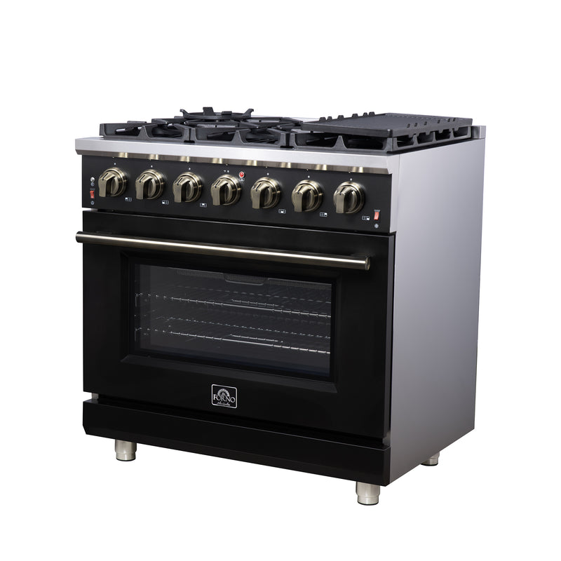 Forno Massimo 36" 5.36 cu. ft. Freestanding Gas Range with 6 Sealed Burners, Air Fryer Kit, Wok Support & Griddle in Black with Antique Brass Accents, FFSGS6239-36BLK