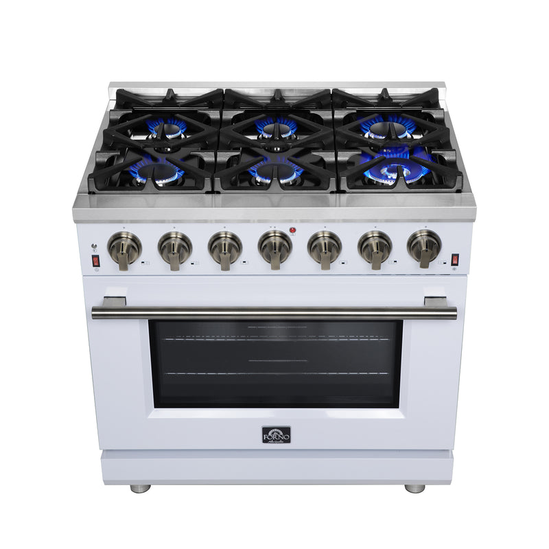 Forno Massimo 36" Freestanding Gas Range in White, 6 Burners, Air Fry, Convection Fan, with Antique Brass Handles, FFSGS6239-36WHT