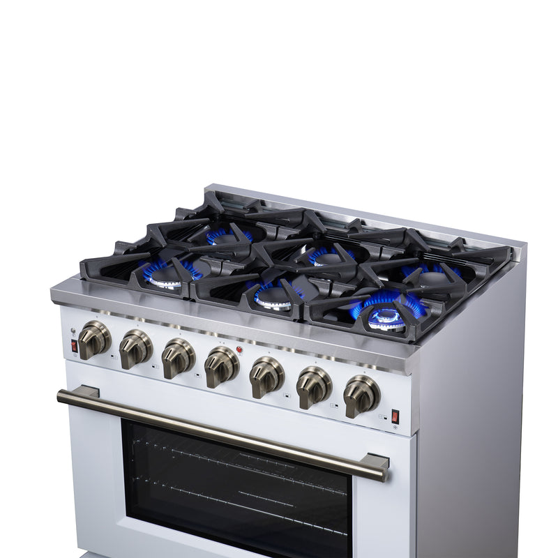 Forno Massimo 36" Freestanding Gas Range in White, 6 Burners, Air Fry, Convection Fan, with Antique Brass Handles, FFSGS6239-36WHT