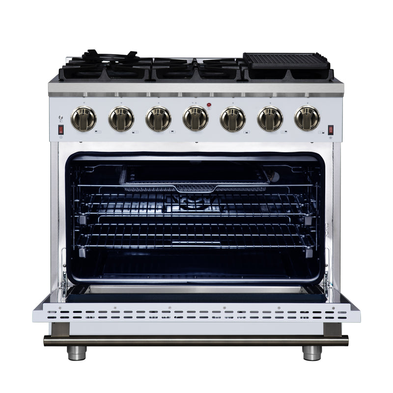Forno Massimo 36" Freestanding Gas Range in White, 6 Burners, Air Fry, Convection Fan, with Antique Brass Handles, FFSGS6239-36WHT
