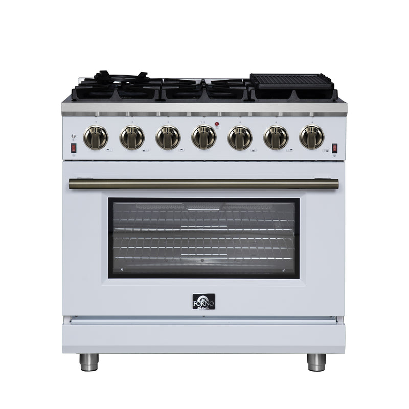 Forno Massimo 36" Freestanding Gas Range in White, 6 Burners, Air Fry, Convection Fan, with Antique Brass Handles, FFSGS6239-36WHT