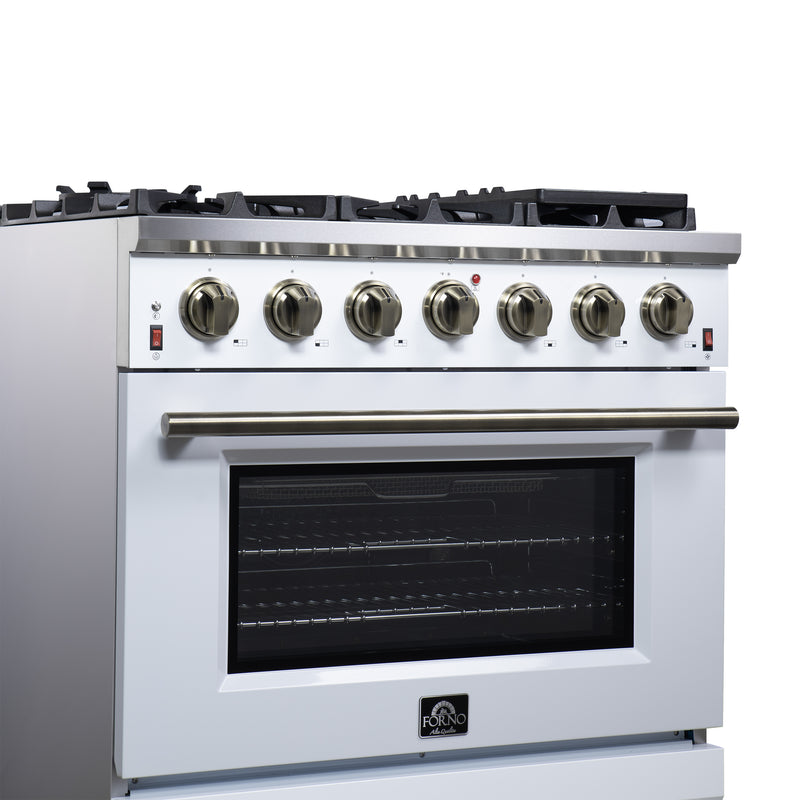 Forno Massimo 36" Freestanding Gas Range in White, 6 Burners, Air Fry, Convection Fan, with Antique Brass Handles, FFSGS6239-36WHT