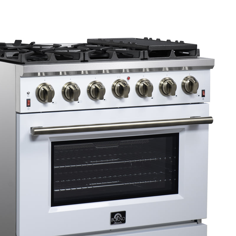 Forno Massimo 36" Freestanding Gas Range in White, 6 Burners, Air Fry, Convection Fan, with Antique Brass Handles, FFSGS6239-36WHT