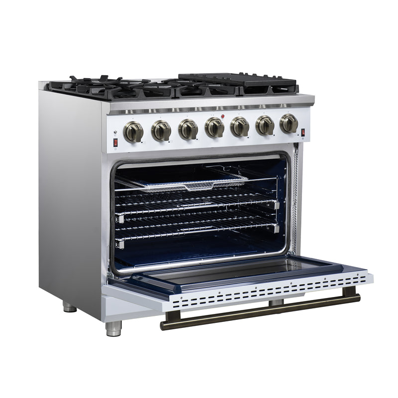 Forno Massimo 36" Freestanding Gas Range in White, 6 Burners, Air Fry, Convection Fan, with Antique Brass Handles, FFSGS6239-36WHT