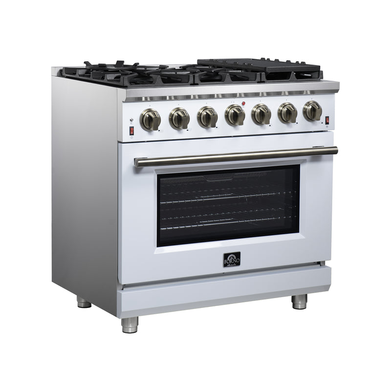 Forno Massimo 36" Freestanding Gas Range in White, 6 Burners, Air Fry, Convection Fan, with Antique Brass Handles, FFSGS6239-36WHT