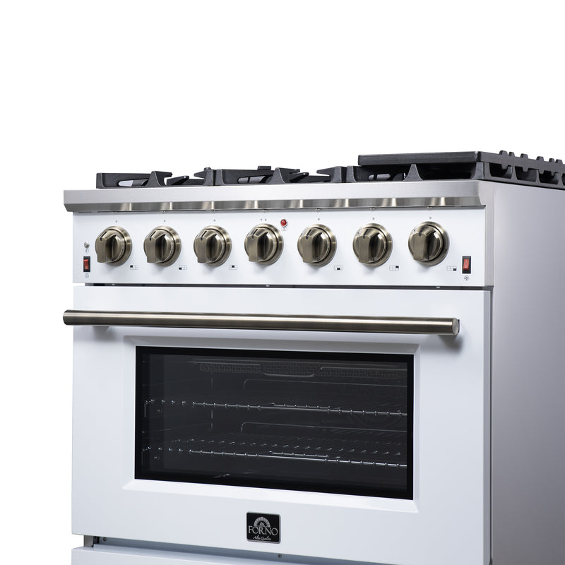 Forno Massimo 36" Freestanding Gas Range in White, 6 Burners, Air Fry, Convection Fan, with Antique Brass Handles, FFSGS6239-36WHT