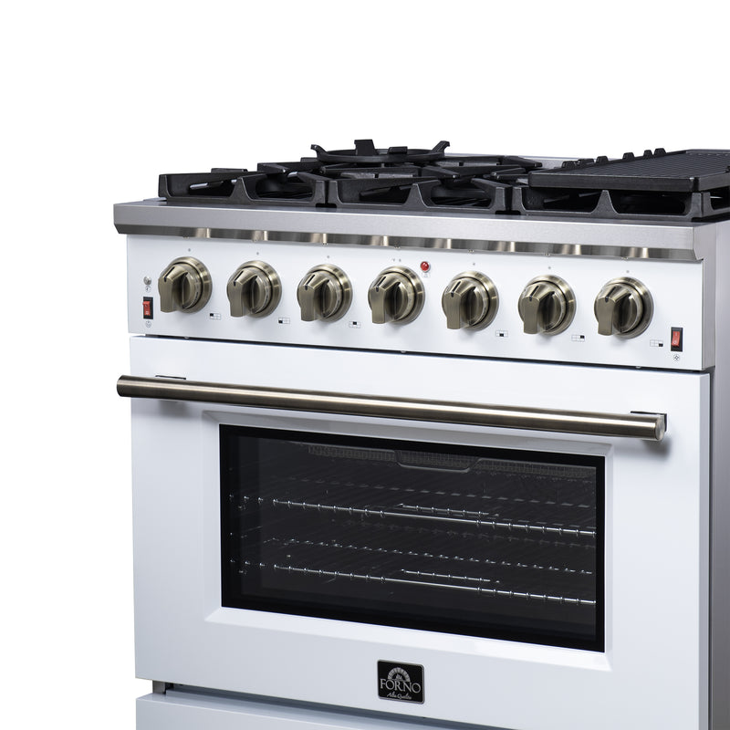 Forno Massimo 36" Freestanding Gas Range in White, 6 Burners, Air Fry, Convection Fan, with Antique Brass Handles, FFSGS6239-36WHT