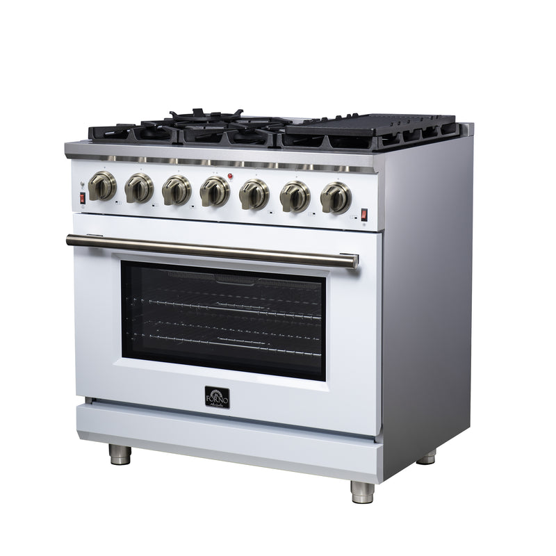 Forno Massimo 36" Freestanding Gas Range in White, 6 Burners, Air Fry, Convection Fan, with Antique Brass Handles, FFSGS6239-36WHT