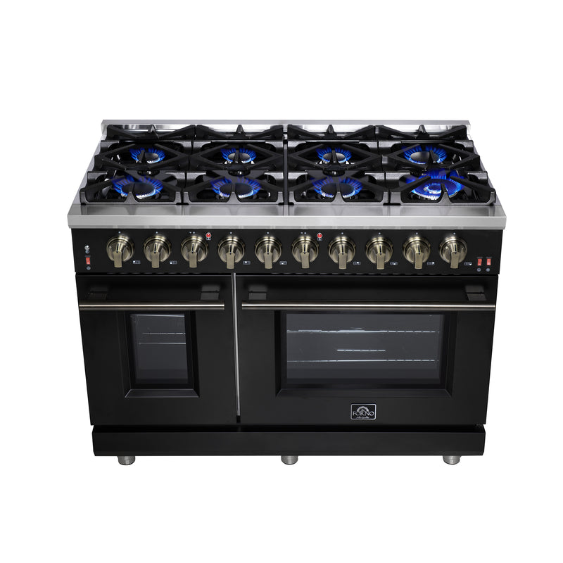 Forno Massimo 48" 6.58 cu. ft. Freestanding Gas Range with 8 Sealed Burners, Air Fryer Kit, Wok Support & Griddle in Black, with Antique Brass Handles, FFSGS6239-48BLK