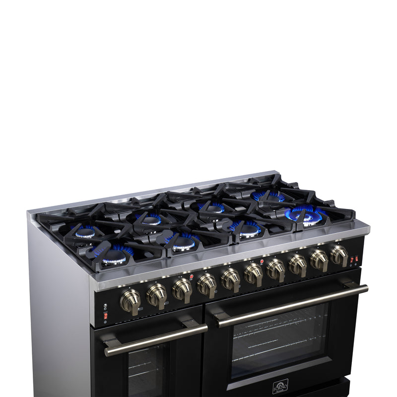 Forno Massimo 48" 6.58 cu. ft. Freestanding Gas Range with 8 Sealed Burners, Air Fryer Kit, Wok Support & Griddle in Black, with Antique Brass Handles, FFSGS6239-48BLK
