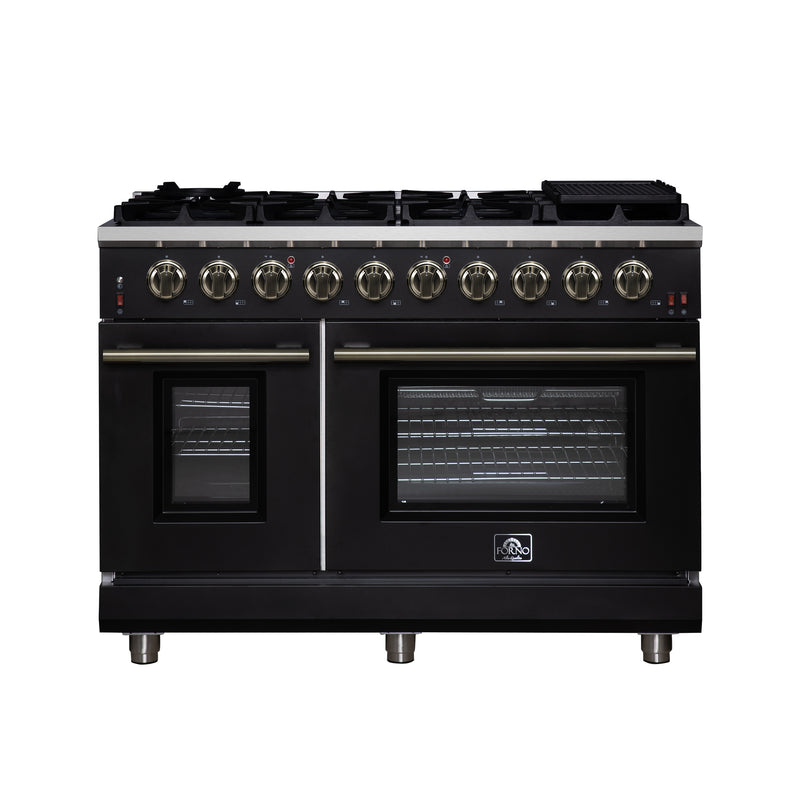 Forno Massimo 48" 6.58 cu. ft. Freestanding Gas Range with 8 Sealed Burners, Air Fryer Kit, Wok Support & Griddle in Black, with Antique Brass Handles, FFSGS6239-48BLK