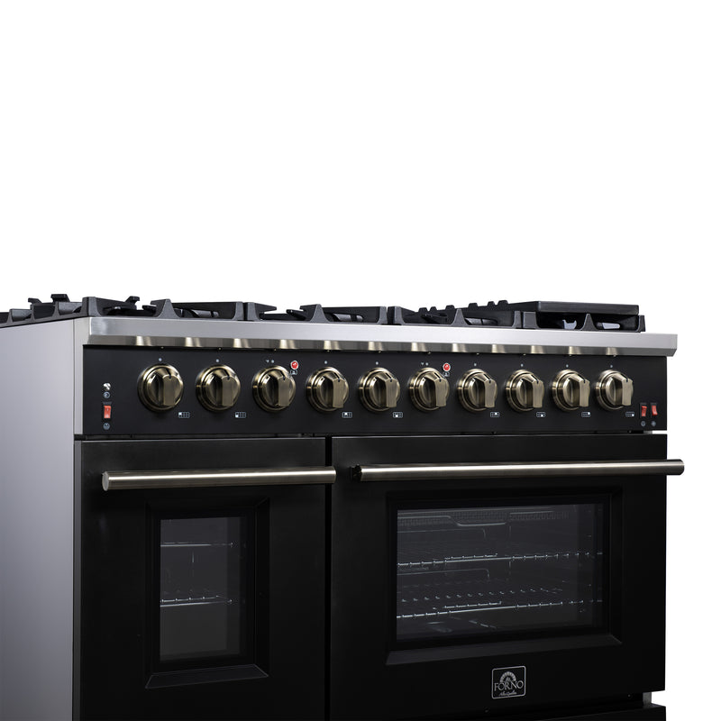 Forno Massimo 48" 6.58 cu. ft. Freestanding Gas Range with 8 Sealed Burners, Air Fryer Kit, Wok Support & Griddle in Black, with Antique Brass Handles, FFSGS6239-48BLK
