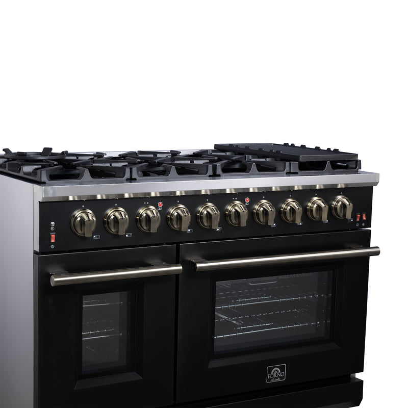 Forno Massimo 48" 6.58 cu. ft. Freestanding Gas Range with 8 Sealed Burners, Air Fryer Kit, Wok Support & Griddle in Black, with Antique Brass Handles, FFSGS6239-48BLK