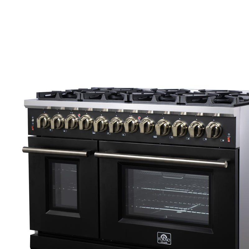 Forno Massimo 48" 6.58 cu. ft. Freestanding Gas Range with 8 Sealed Burners, Air Fryer Kit, Wok Support & Griddle in Black, with Antique Brass Handles, FFSGS6239-48BLK