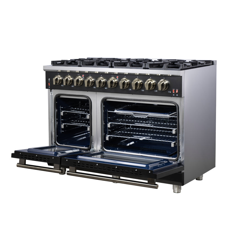 Forno Massimo 48" 6.58 cu. ft. Freestanding Gas Range with 8 Sealed Burners, Air Fryer Kit, Wok Support & Griddle in Black, with Antique Brass Handles, FFSGS6239-48BLK