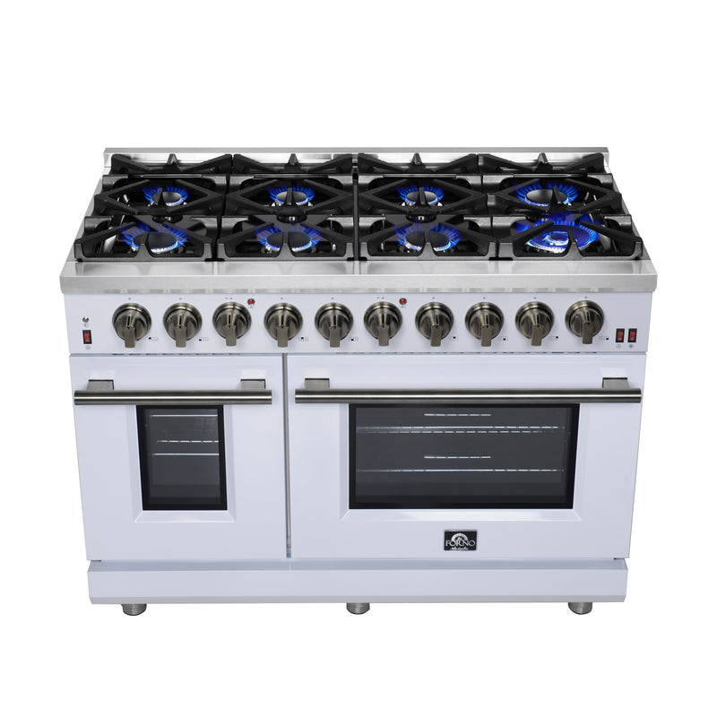 Forno Massimo 48" 6.58 cu. ft. Freestanding Gas Range with 8 Sealed Burners, Air Fryer Kit, Wok Support & Griddle in White with Antique Brass Accents, FFSGS6239-48WHT