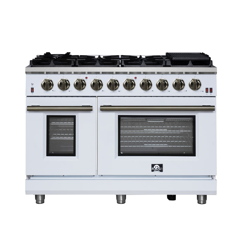 Forno Massimo 48" 6.58 cu. ft. Freestanding Gas Range with 8 Sealed Burners, Air Fryer Kit, Wok Support & Griddle in White with Antique Brass Accents, FFSGS6239-48WHT