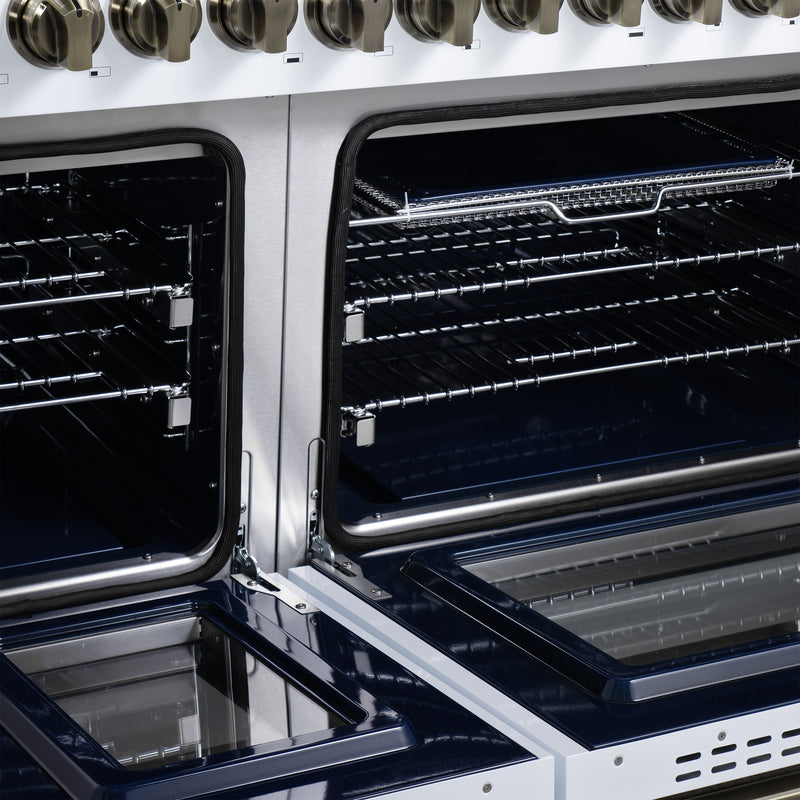 Forno Massimo 48" 6.58 cu. ft. Freestanding Gas Range with 8 Sealed Burners, Air Fryer Kit, Wok Support & Griddle in White with Antique Brass Accents, FFSGS6239-48WHT