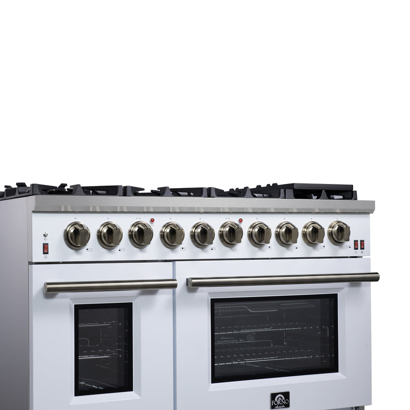 Forno Massimo 48" 6.58 cu. ft. Freestanding Gas Range with 8 Sealed Burners, Air Fryer Kit, Wok Support & Griddle in White with Antique Brass Accents, FFSGS6239-48WHT