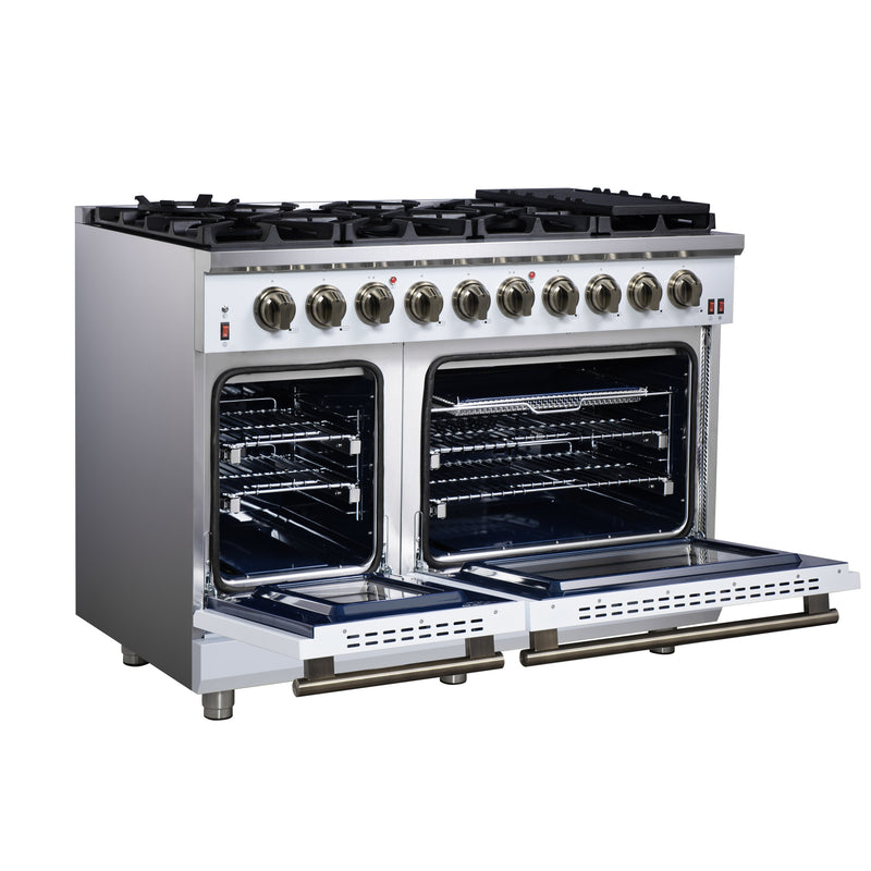 Forno Massimo 48" 6.58 cu. ft. Freestanding Gas Range with 8 Sealed Burners, Air Fryer Kit, Wok Support & Griddle in White with Antique Brass Accents, FFSGS6239-48WHT