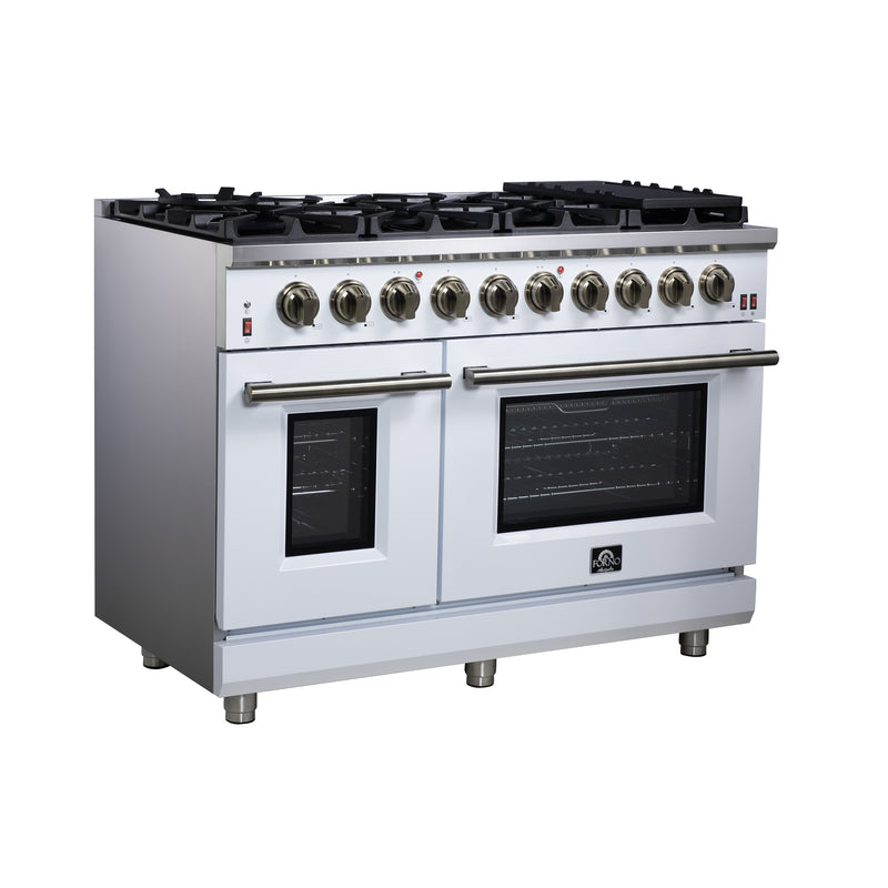 Forno Massimo 48" 6.58 cu. ft. Freestanding Gas Range with 8 Sealed Burners, Air Fryer Kit, Wok Support & Griddle in White with Antique Brass Accents, FFSGS6239-48WHT