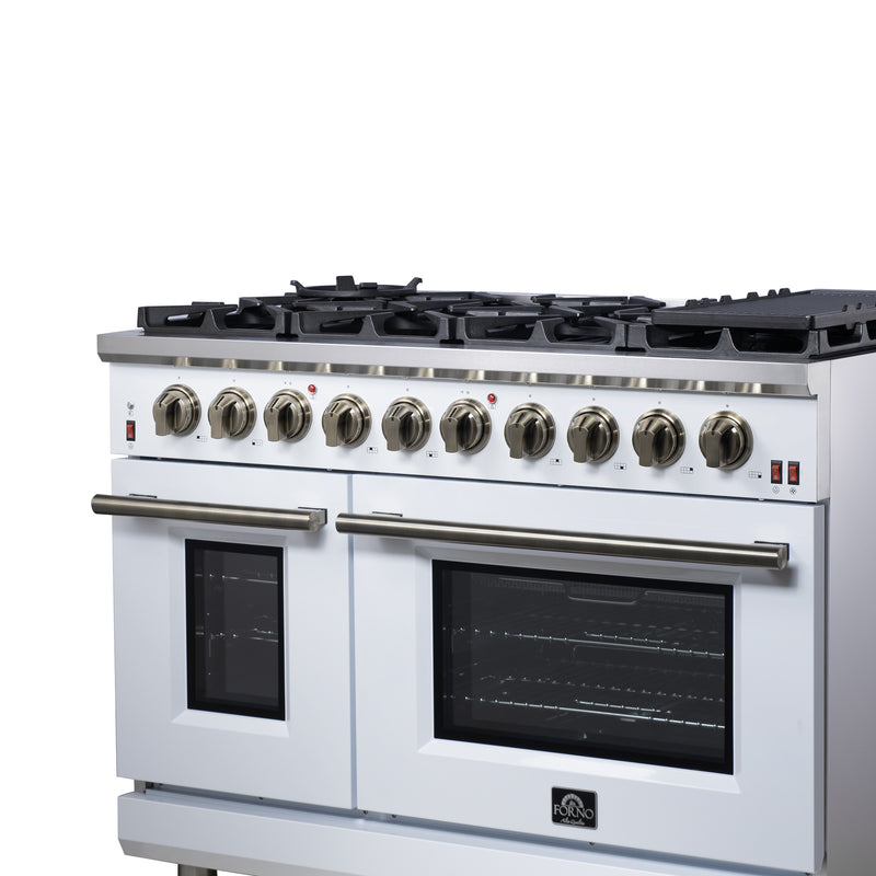 Forno Massimo 48" 6.58 cu. ft. Freestanding Gas Range with 8 Sealed Burners, Air Fryer Kit, Wok Support & Griddle in White with Antique Brass Accents, FFSGS6239-48WHT