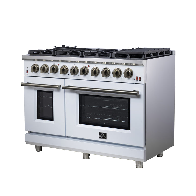 Forno Massimo 48" 6.58 cu. ft. Freestanding Gas Range with 8 Sealed Burners, Air Fryer Kit, Wok Support & Griddle in White with Antique Brass Accents, FFSGS6239-48WHT