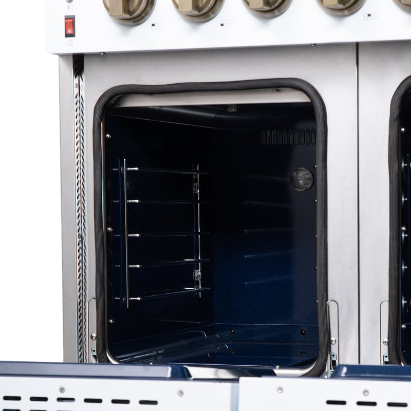 Forno Massimo 48" 6.58 cu. ft. Freestanding Gas Range with 8 Sealed Burners, Air Fryer Kit, Wok Support & Griddle in White with Antique Brass Accents, FFSGS6239-48WHT