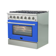 Forno Galiano 36" Freestanding Gas Range in Stainless Steel with Blue Door, 6 Sealed Burners, 5.36 cu.ft. Convection Oven, Cast-Iron Grates, FFSGS6244-36BLU