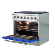 Forno Galiano 36" Freestanding Gas Range in Stainless Steel with Blue Door, 6 Sealed Burners, 5.36 cu.ft. Convection Oven, Cast-Iron Grates, FFSGS6244-36BLU