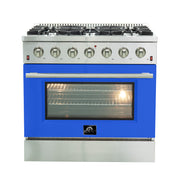 Forno Galiano 36" Freestanding Gas Range in Stainless Steel with Blue Door, 6 Sealed Burners, 5.36 cu.ft. Convection Oven, Cast-Iron Grates, FFSGS6244-36BLU