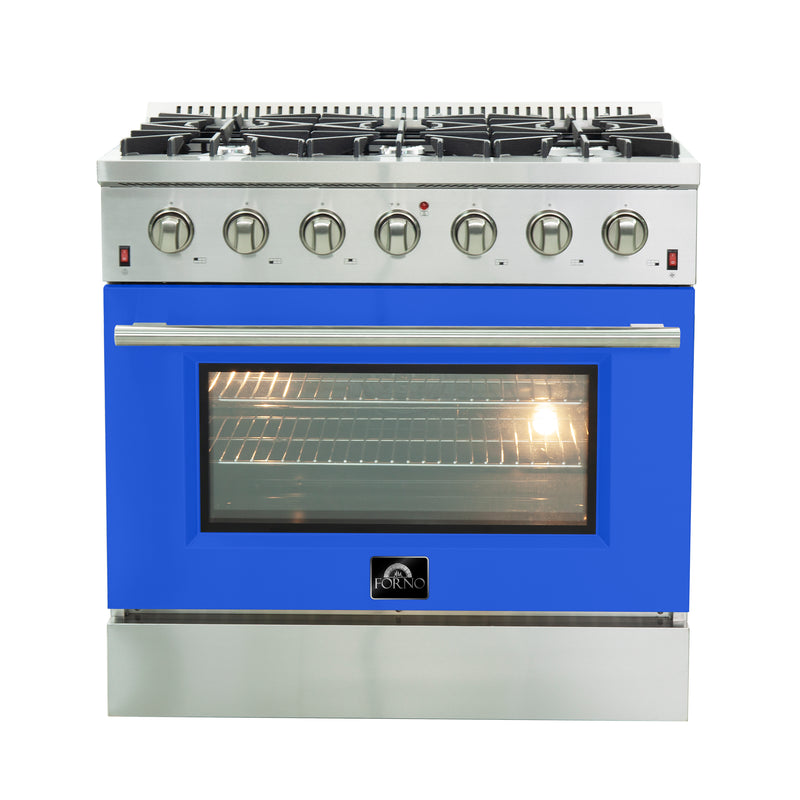 Forno Galiano 36" Freestanding Gas Range in Stainless Steel with Blue Door, 6 Sealed Burners, 5.36 cu.ft. Convection Oven, Cast-Iron Grates, FFSGS6244-36BLU