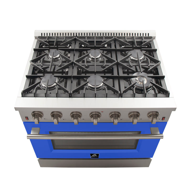 Forno Galiano 36" Freestanding Gas Range in Stainless Steel with Blue Door, 6 Sealed Burners, 5.36 cu.ft. Convection Oven, Cast-Iron Grates, FFSGS6244-36BLU