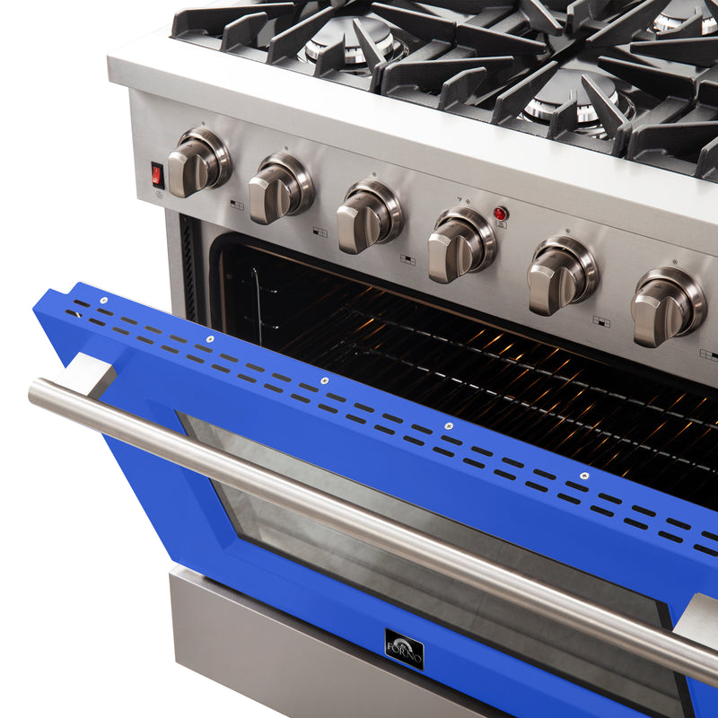 Forno Galiano 36" Freestanding Gas Range in Stainless Steel with Blue Door, 6 Sealed Burners, 5.36 cu.ft. Convection Oven, Cast-Iron Grates, FFSGS6244-36BLU