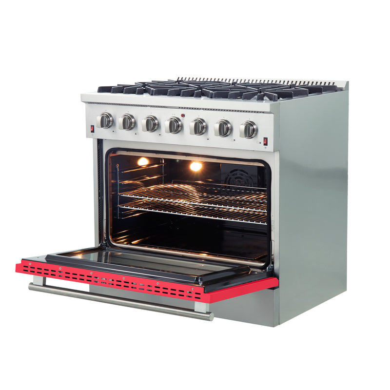 Forno Galiano 36" Freestanding Gas Range in Stainless Steel with Red Door, 6 Sealed Burners, 5.36 cu.ft. Convection Oven, Cast-Iron Grates, FFSGS6244-36RED