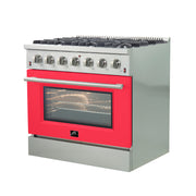 Forno Galiano 36" Freestanding Gas Range in Stainless Steel with Red Door, 6 Sealed Burners, 5.36 cu.ft. Convection Oven, Cast-Iron Grates, FFSGS6244-36RED