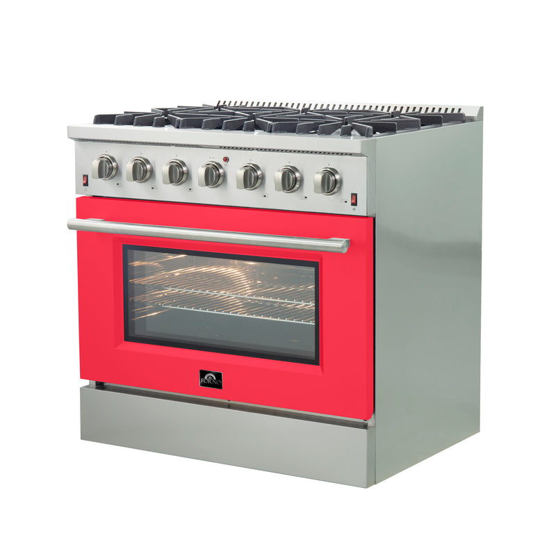 Forno Galiano 36" Freestanding Gas Range in Stainless Steel with Red Door, 6 Sealed Burners, 5.36 cu.ft. Convection Oven, Cast-Iron Grates, FFSGS6244-36RED