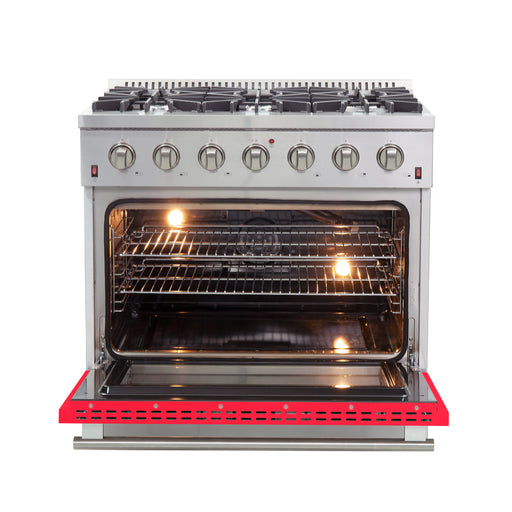 Forno Galiano 36" Freestanding Gas Range in Stainless Steel with Red Door, 6 Sealed Burners, 5.36 cu.ft. Convection Oven, Cast-Iron Grates, FFSGS6244-36RED