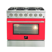 Forno Galiano 36" Freestanding Gas Range in Stainless Steel with Red Door, 6 Sealed Burners, 5.36 cu.ft. Convection Oven, Cast-Iron Grates, FFSGS6244-36RED