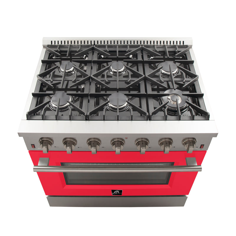 Forno Galiano 36" Freestanding Gas Range in Stainless Steel with Red Door, 6 Sealed Burners, 5.36 cu.ft. Convection Oven, Cast-Iron Grates, FFSGS6244-36RED