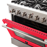 Forno Galiano 36" Freestanding Gas Range in Stainless Steel with Red Door, 6 Sealed Burners, 5.36 cu.ft. Convection Oven, Cast-Iron Grates, FFSGS6244-36RED