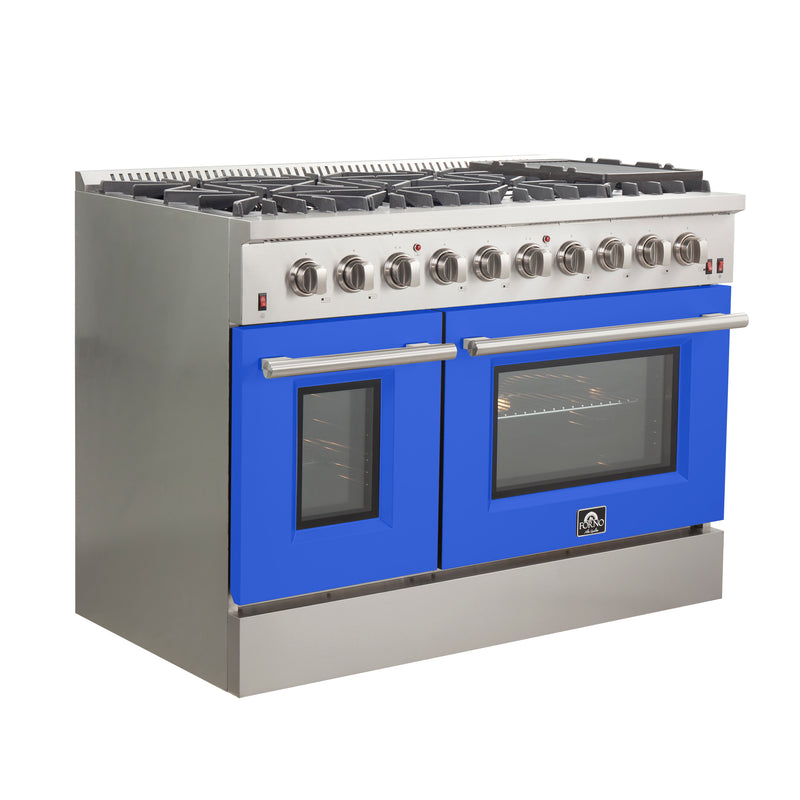 Forno Galiano 48" Freestanding Gas Range in Stainless Steel with Blue Door, 8 Sealed Burners, Double Oven, Griddle, FFSGS6244-48BLU